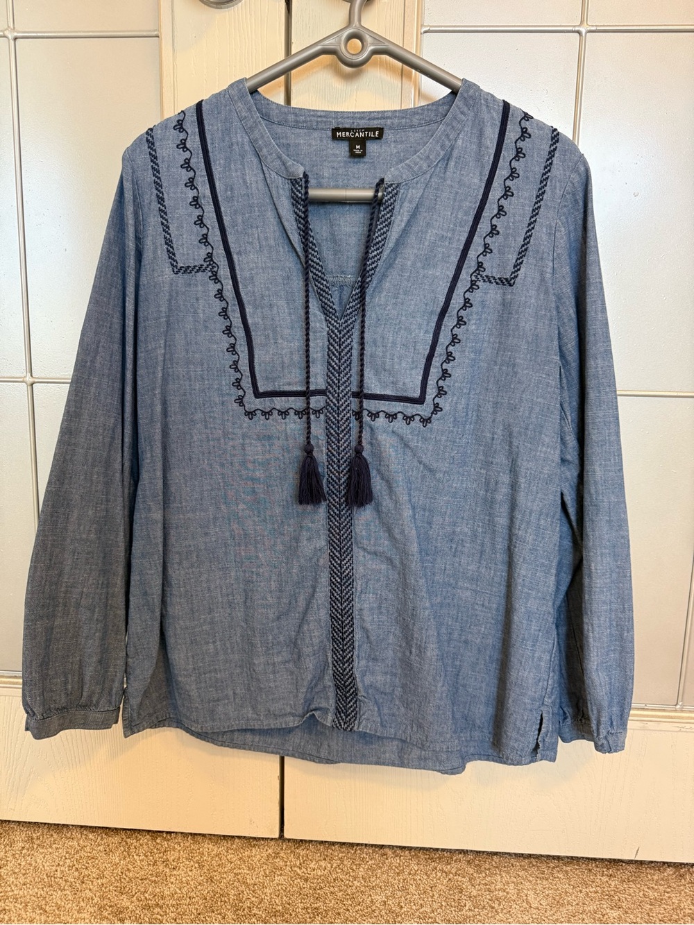 J. Crew Light Indigo Chambray Embroidered Tassel Blouse